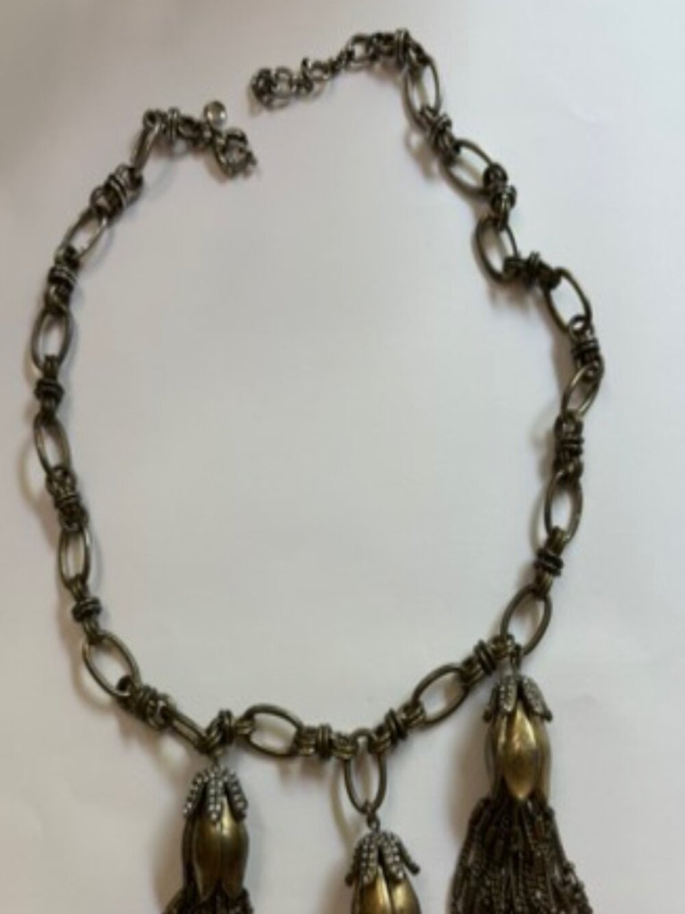 J Crew Three Tassels Crystal & Antique Gold Tone Statement Necklace - Picture 5 of 7
